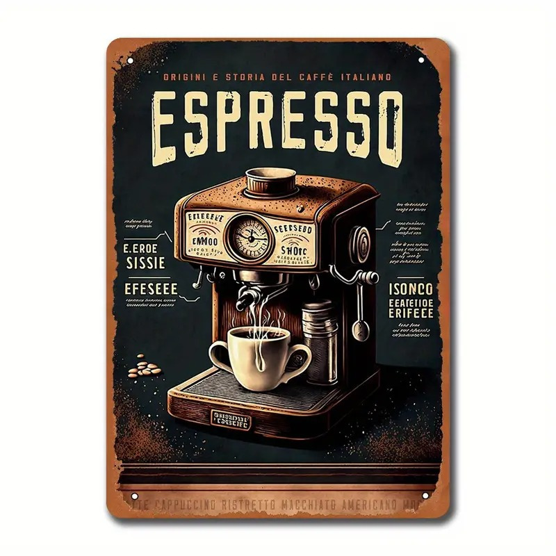 Coffee Equipment Brands - レトロな金属製サイン - 「イタリアンエスプレッソコーヒーマシン」ヴィンテージコーヒーバー装飾 - コーヒー愛好家のための感動的なブリキサイン -